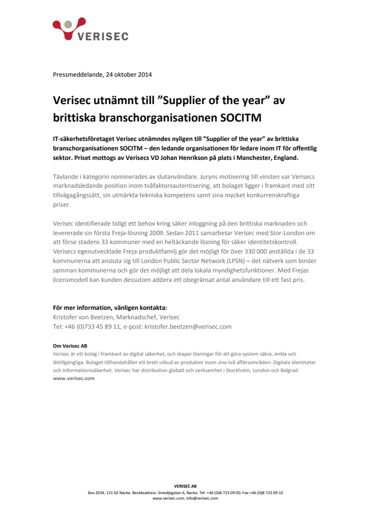 Verisec utnämnt till ”Supplier of the year” av brittiska branschorganisationen SOCITM