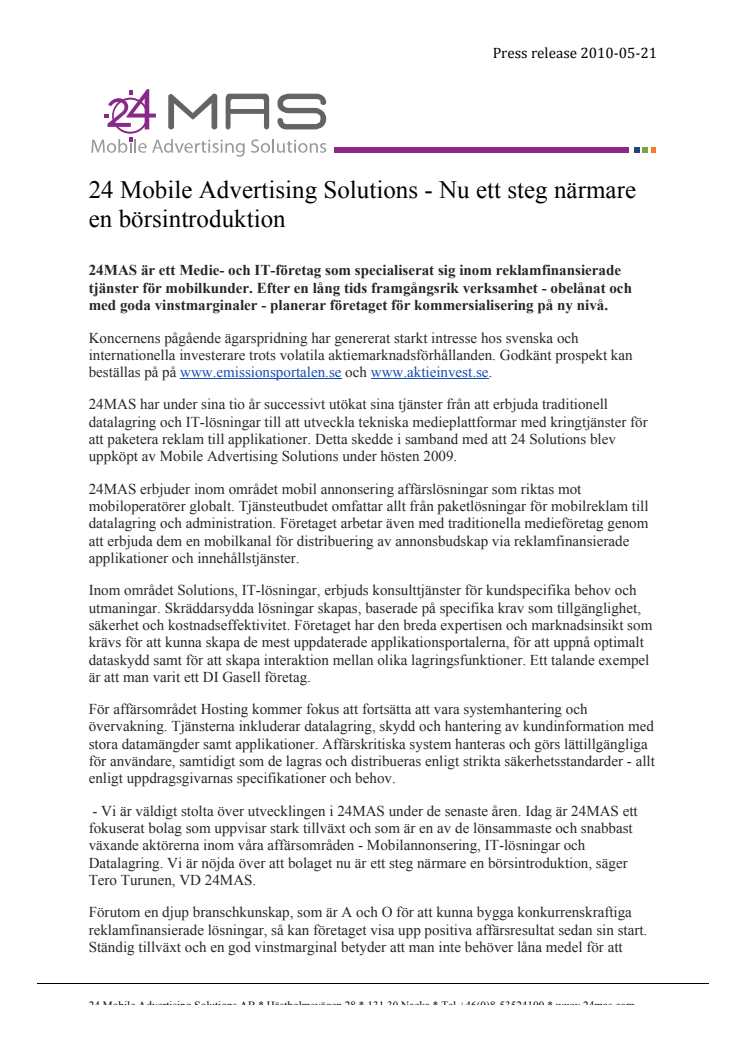 24 Mobile Advertising Solutions - Nu ett steg närmare en börsintroduktion