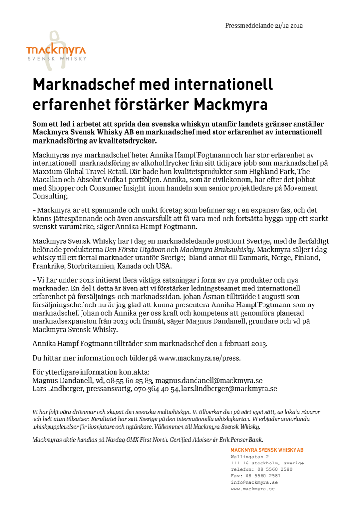 Marknadschef med internationell erfarenhet förstärker Mackmyra