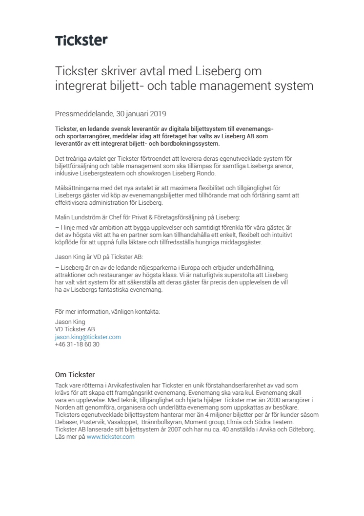 Tickster skriver avtal med Liseberg om integrerat biljett- och table management system