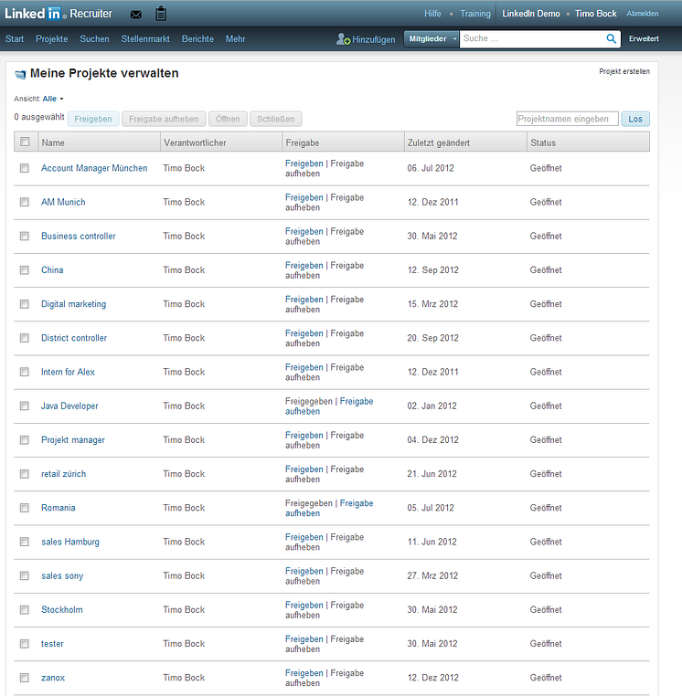 LinkedIn Recruiter: Projektverwaltung