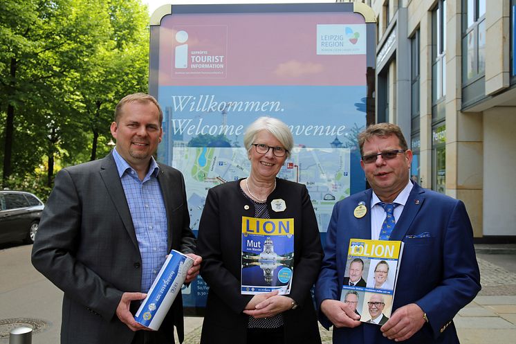 Die Organisatoren Stefan Neubert (Vorsitzender Durchführungsverein KDL), Christiane Lafeld (Governorratsvorsitzende 2017/18) und Ulrich Stoltenberg (Pressesprecher der deutschen Lions) freuen sich auf den Kongressstandort Leipzig