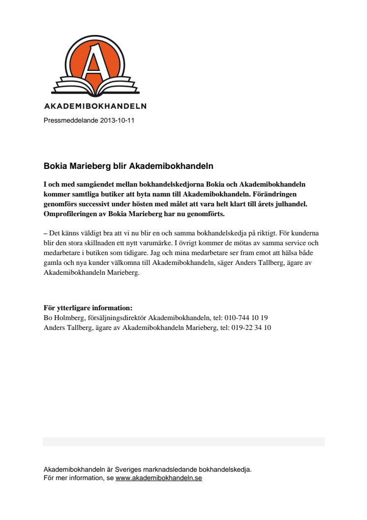 Bokia Marieberg blir Akademibokhandeln 