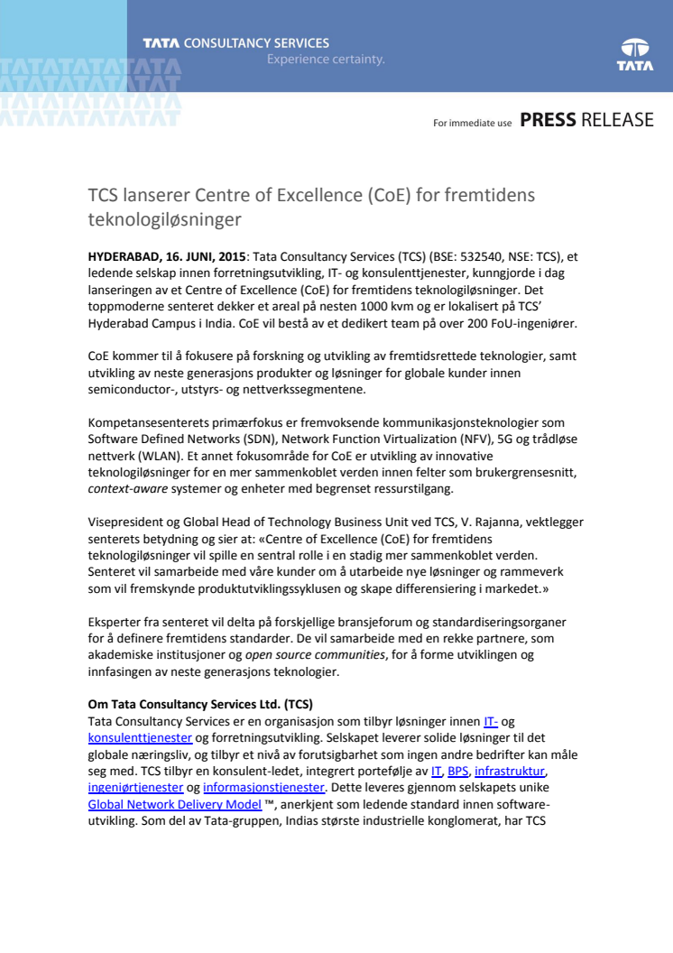 TCS lanserer Centre of Excellence (CoE) for fremtidens teknologiløsninger