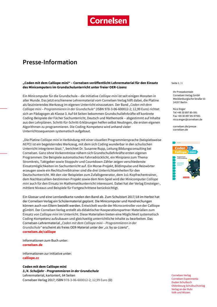 „Coden mit dem Calliope mini“ – Cornelsen veröffentlicht Lehrermaterial für den Einsatz des Minicomputers im Grundschulunterricht unter freier OER-Lizenz