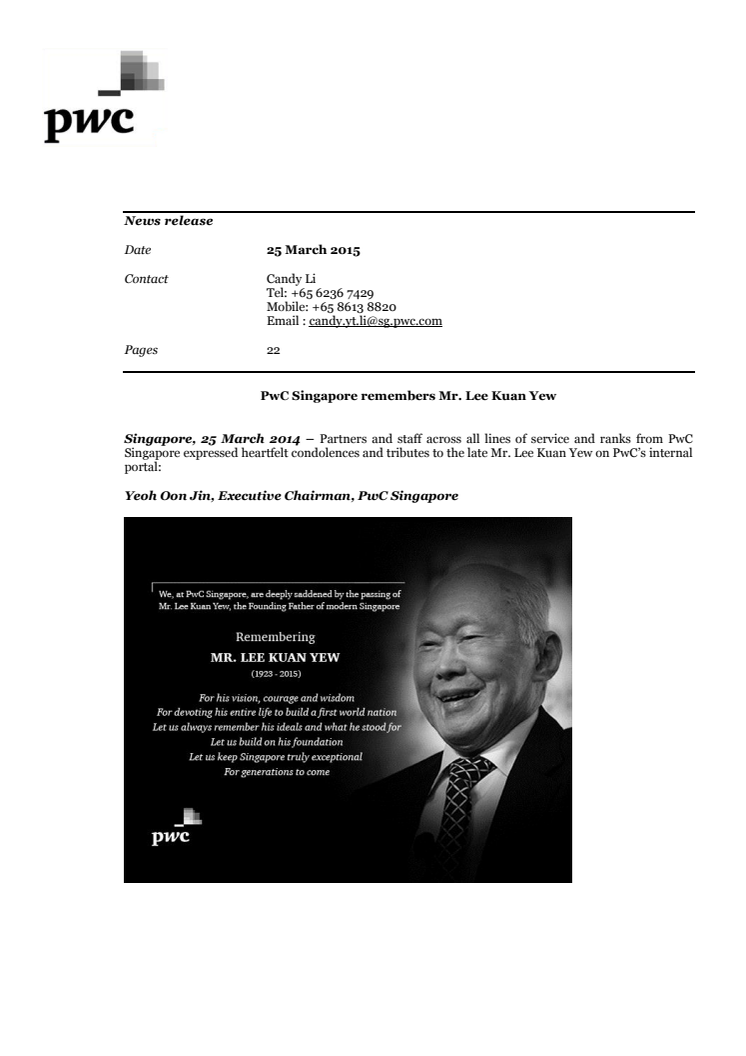 PwC Singapore remembers Mr. Lee Kuan Yew