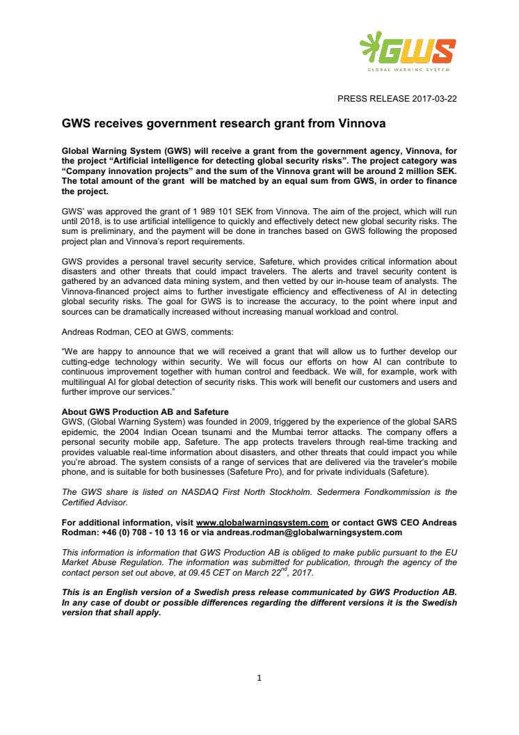 GWS receives government research grant from Vinnova