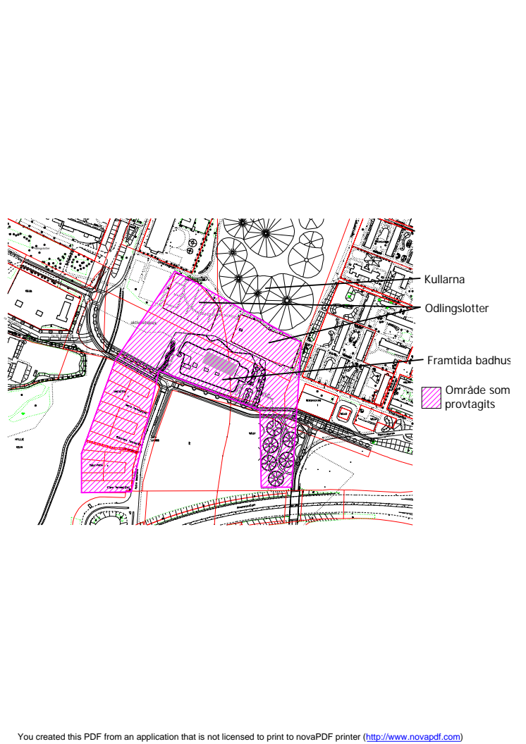 Karta över markprover för badhus, bostäder och odlingslotter i Kroksbäck.