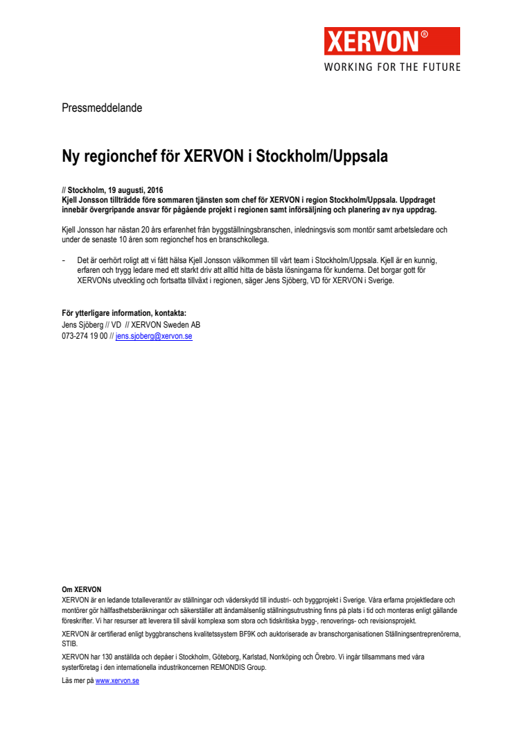Ny regionchef för XERVON i Stockholm/Uppsala