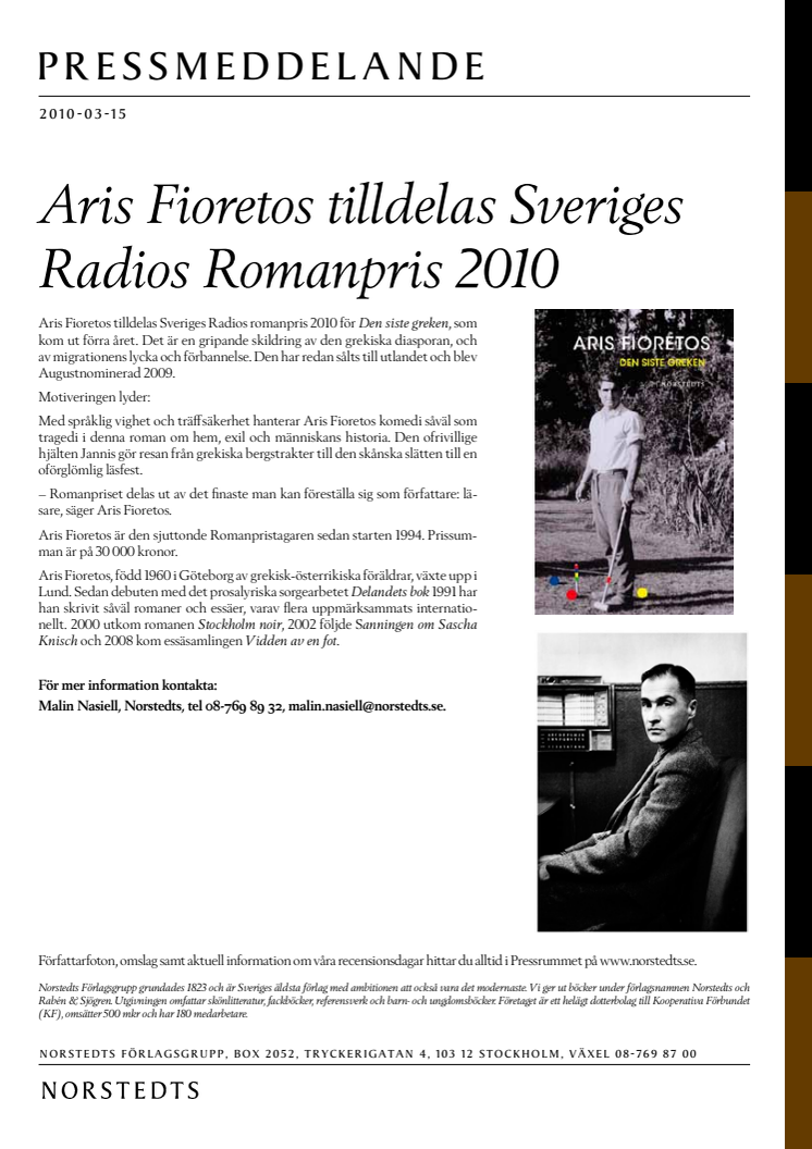 Aris Fioretos tilldelas Sveriges Radios romanpris 2010