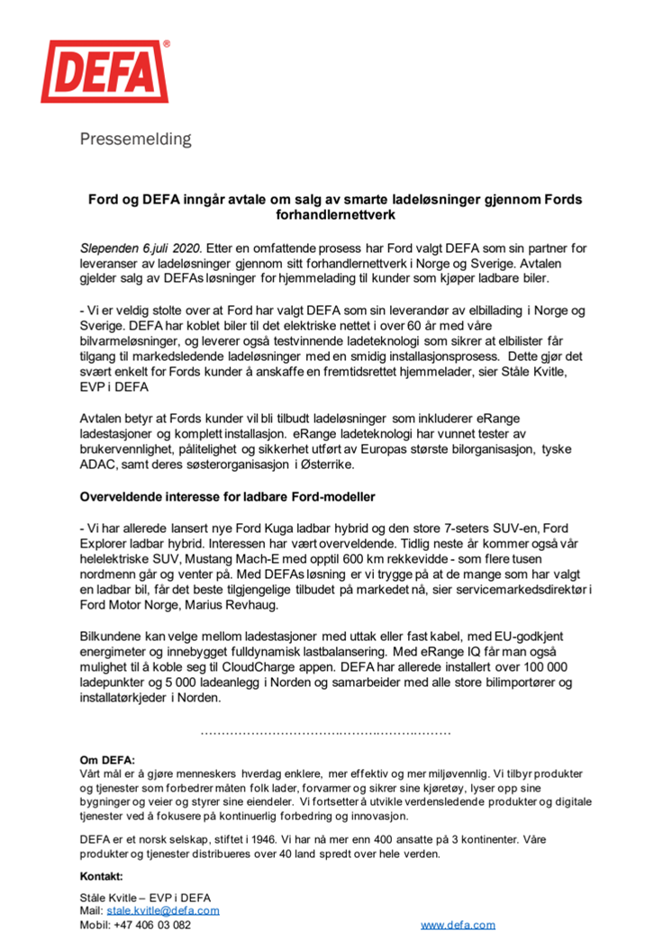 Ford og DEFA inngår avtale om salg av smarte ladeløsninger 