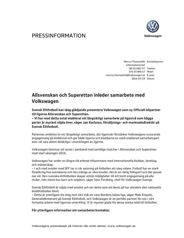 Allsvenskan och Superettan inleder samarbete med Volkswagen