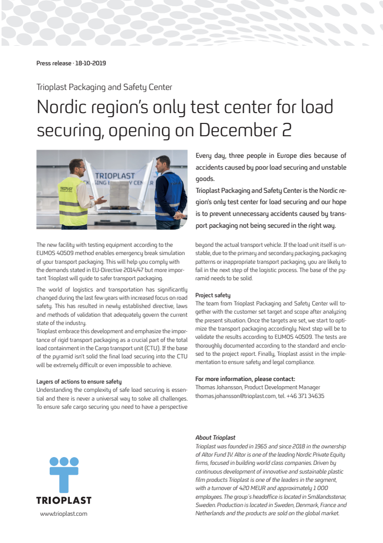 Trioplast Packaging and Safety Center - Nordic region’s only test center for load securing, opening on December 2