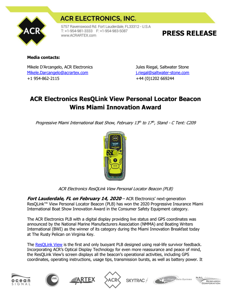 ACR Electronics ResQLink View Personal Locator Beacon Wins Miami Innovation Award