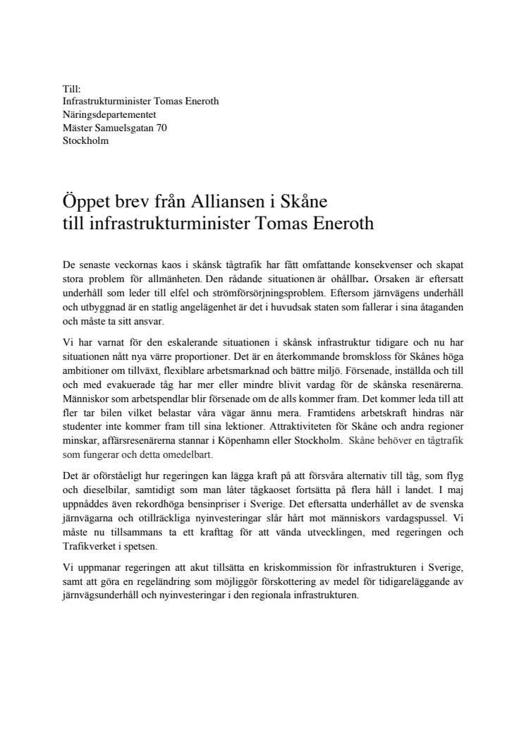 Öppet brev från Alliansen i Skåne till infrastrukturminister Tomas Eneroth (S)