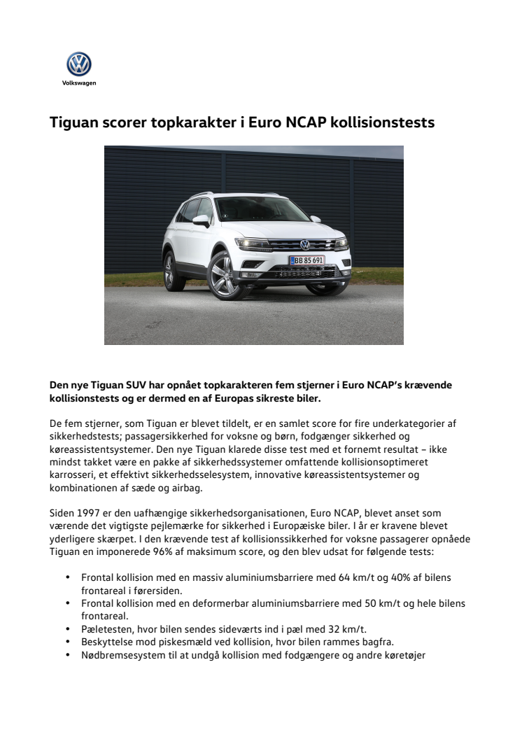 Tiguan scorer topkarakter i Euro NCAP test