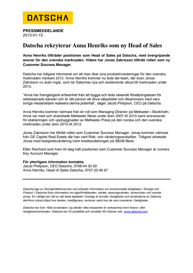 Datscha rekryterar Anna Henriks som ny Head of Sales