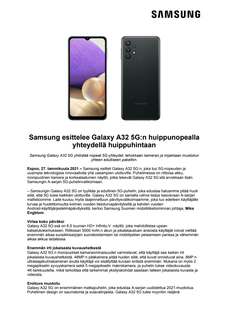 Samsung esittelee Galaxy A32 5G:n huippunopealla yhteydellä huippuhintaan