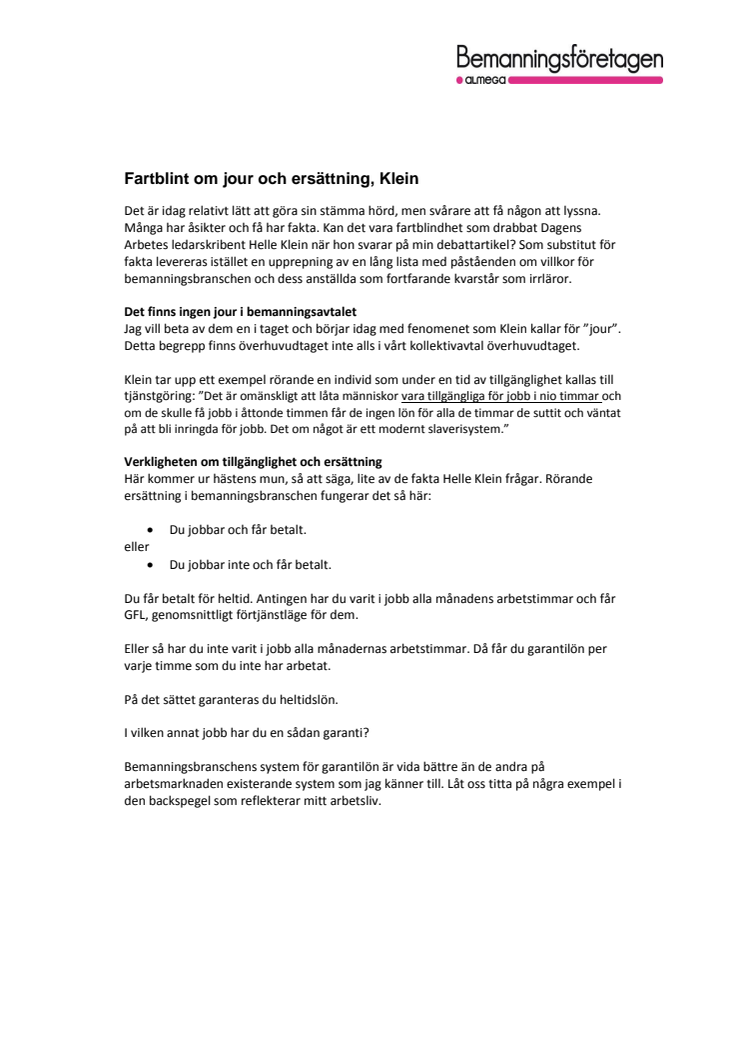 Fartblint om jour och ersättning, Klein