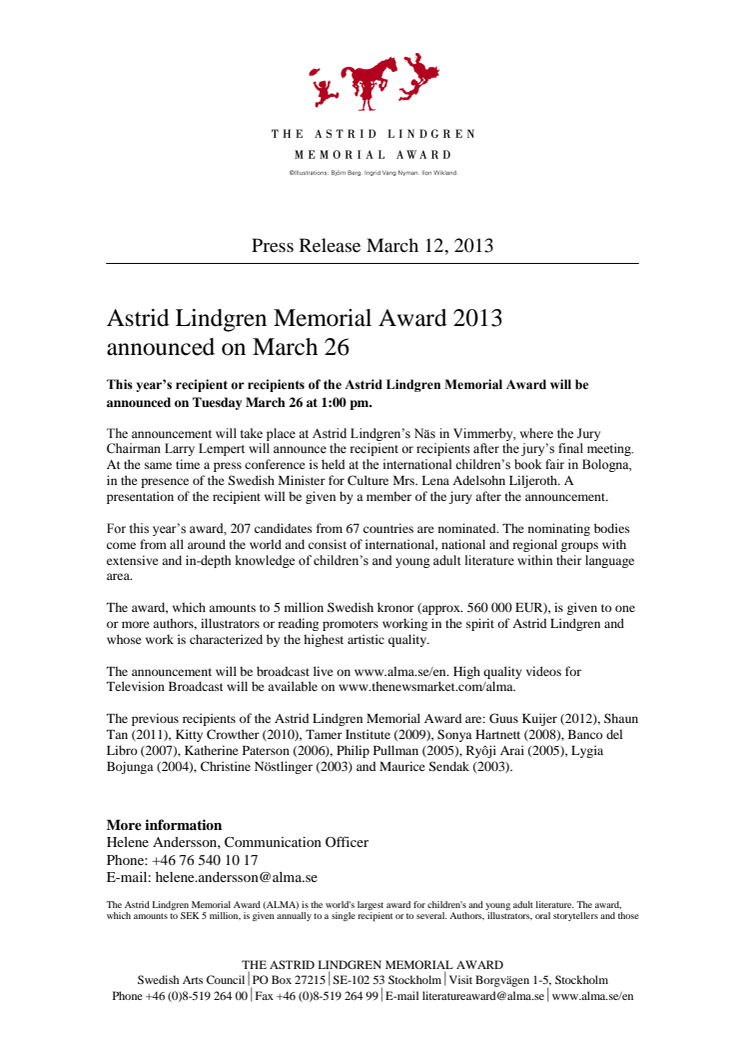 Astrid Lindgren Memorial Award 2013 announced on March 26