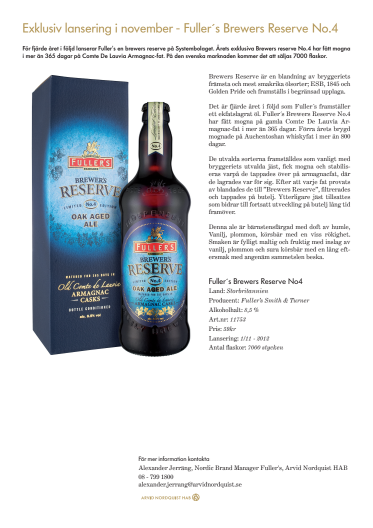 Exklusiv ale-lansering på Systembolaget - Fuller´s Brewers Reserve No.4 