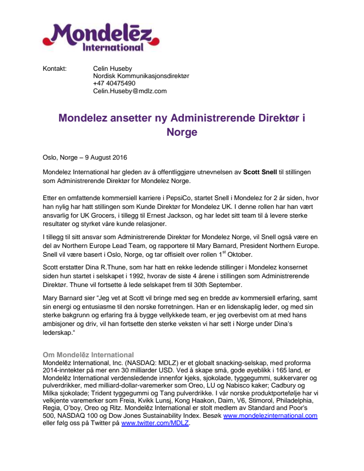 Mondelez ansetter ny Administrerende Direktør i Norge