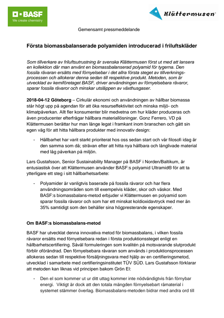 Första biomassbalanserade polyamiden introducerad i friluftskläder