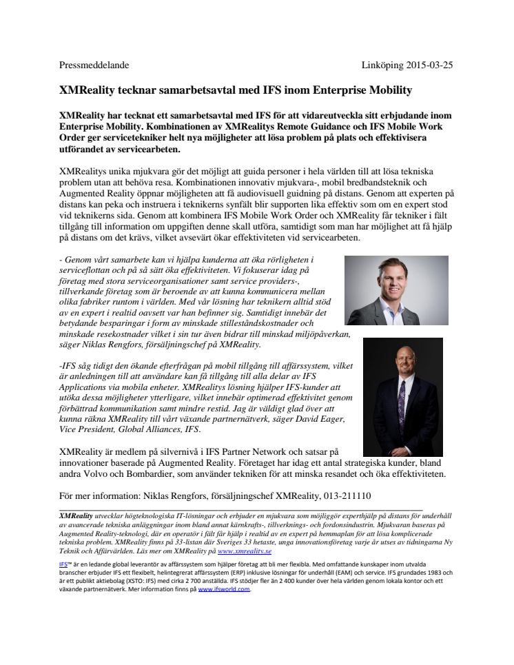 XMReality tecknar samarbetsavtal med IFS inom Enterprise Mobility 