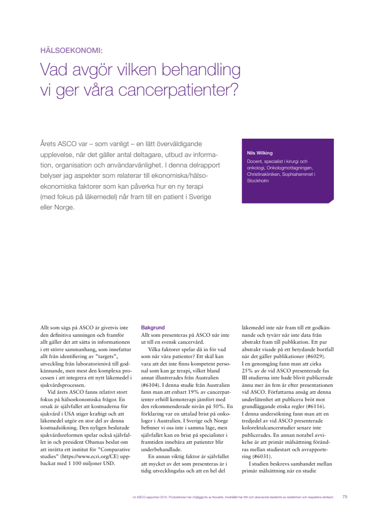 Hälsoekonomi i cancervården - docent Nils Wilking rapporterar från ASCO 2010