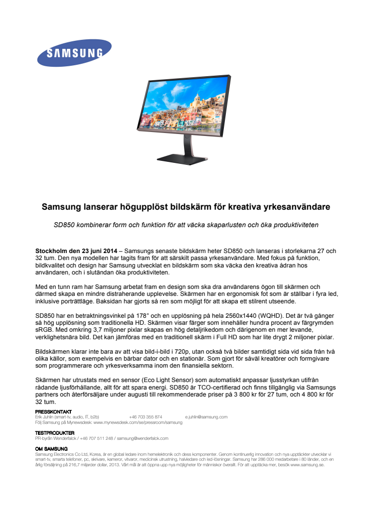 Samsung lanserar högupplöst bildskärm för kreativa yrkesanvändare 