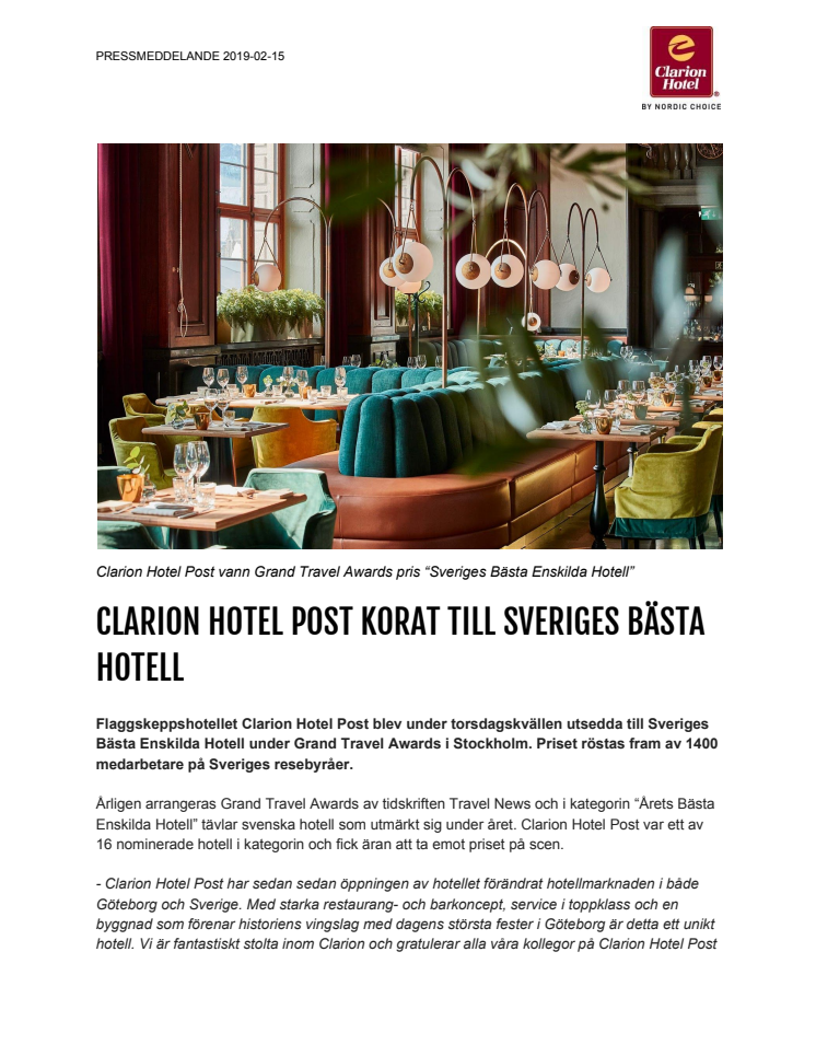 CLARION HOTEL POST KORAT TILL SVERIGES BÄSTA HOTELL