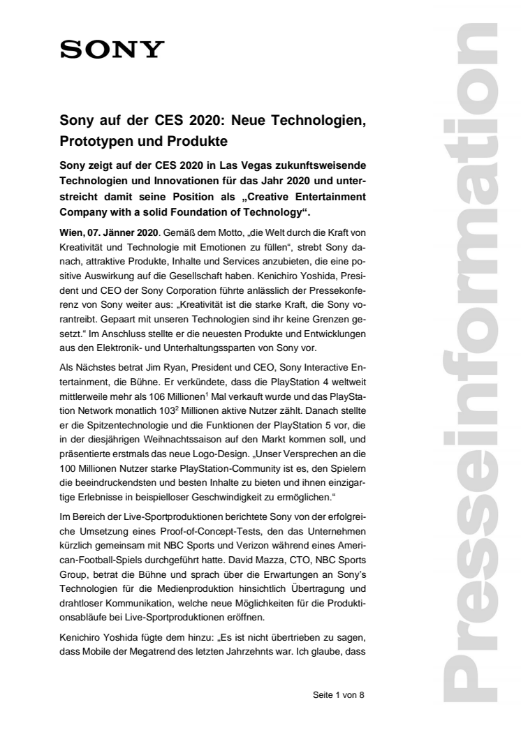 Sony auf der CES 2020: Neue Technologien, Prototypen und Produkte  