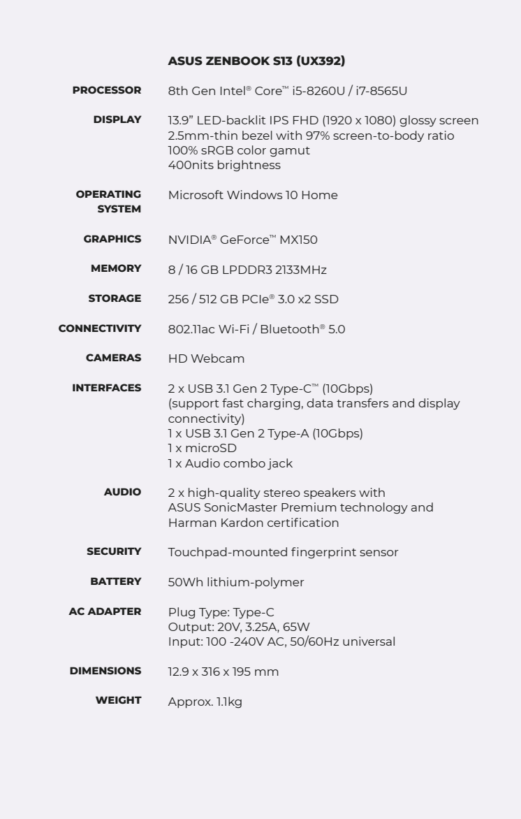 Zenbook S13 Specsheet