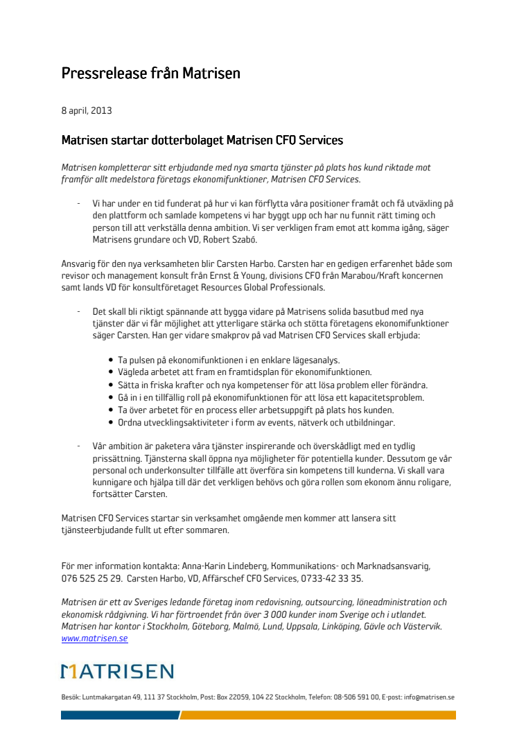 Matrisen startar dotterbolaget Matrisen CFO Services