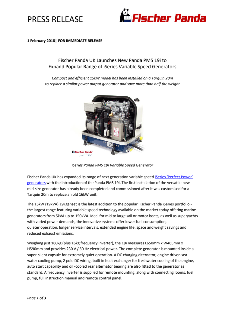 Fischer Panda UK Launches New Panda PMS 19i to Expand Popular Range of iSeries Variable Speed Generators