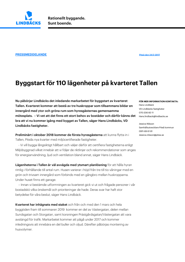 Byggstart av 110 lägenheter på kvarteret Tallen i Piteå