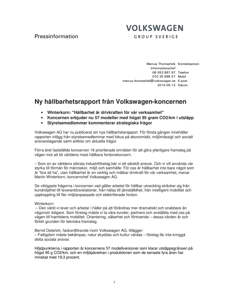 Ny hållbarhetsrapport från Volkswagen-koncernen