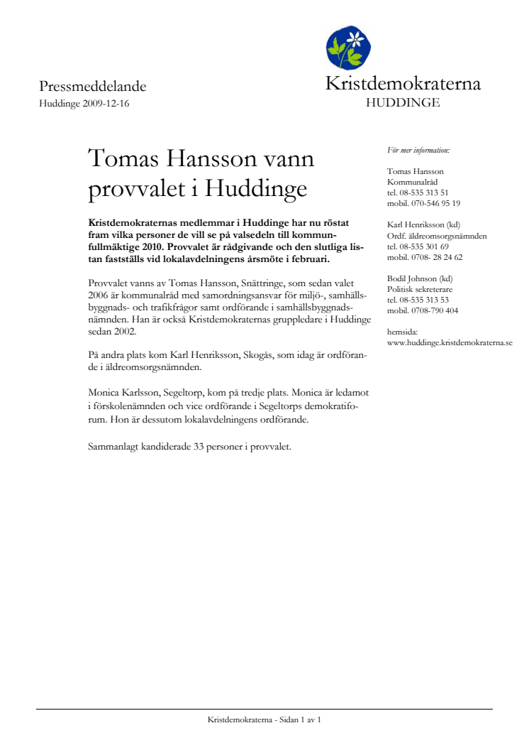 Tomas Hansson vann provvalet i Huddinge (KD)