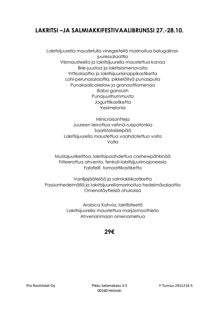 Lakritsi- ja salmiakkifestivaalibrunssin menu