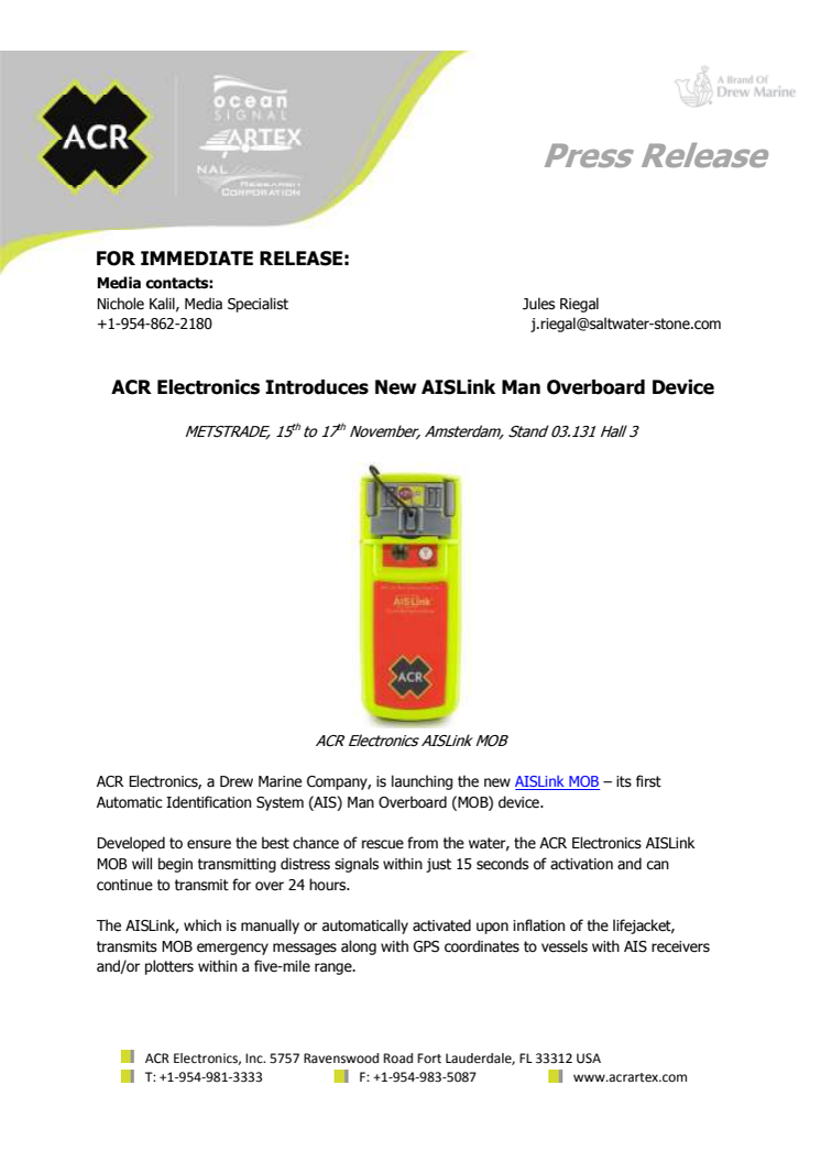 ACR Electronics Introduces New AISLink Man Overboard Device