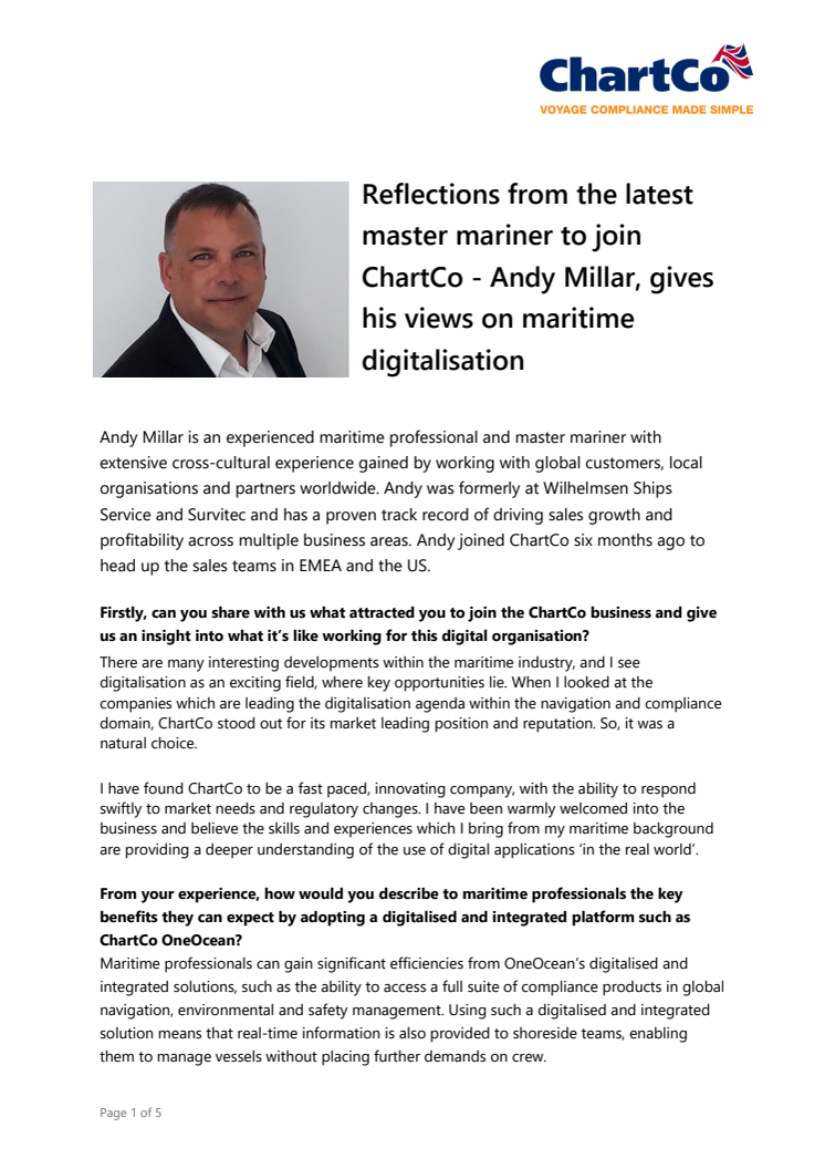 Reflections From the Latest Master Mariner to Join ChartCo - Andy Millar, Gives His Views On Maritime Digitalisation