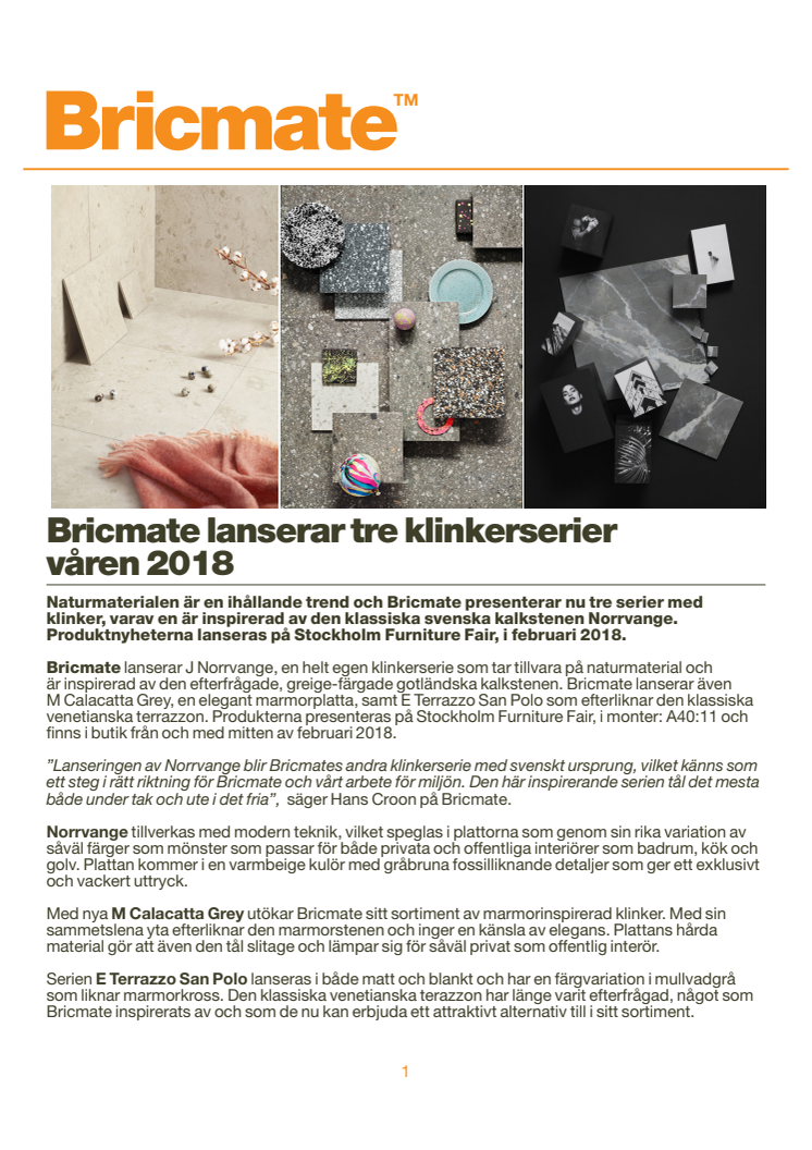 Bricmate lanserar tre klinkerserier våren 2018