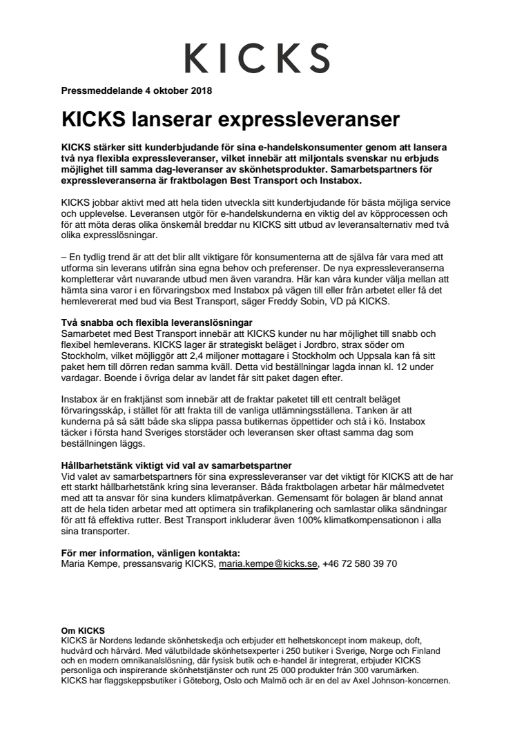 KICKS lanserar expressleveranser