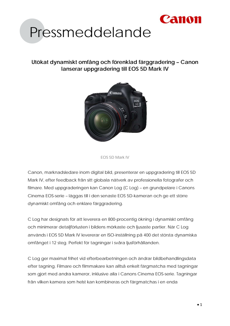 Utökat dynamiskt omfång och förenklad färggradering – Canon lanserar uppgradering till EOS 5D Mark IV
