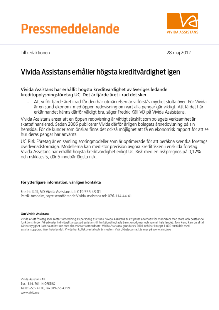 Vivida Assistans erhåller högsta kreditvärdighet igen