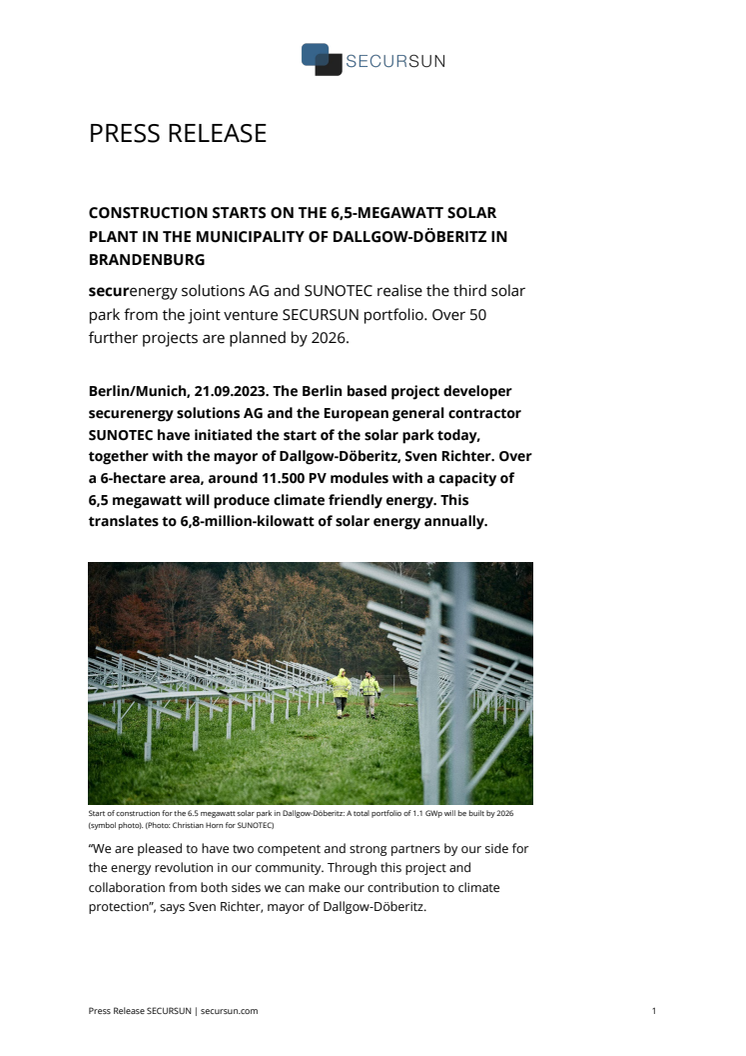 Press release: Construction starts on the 6,5- megawatt solar plant in the municipality of Dallgow-Döberitz in Brandenburg