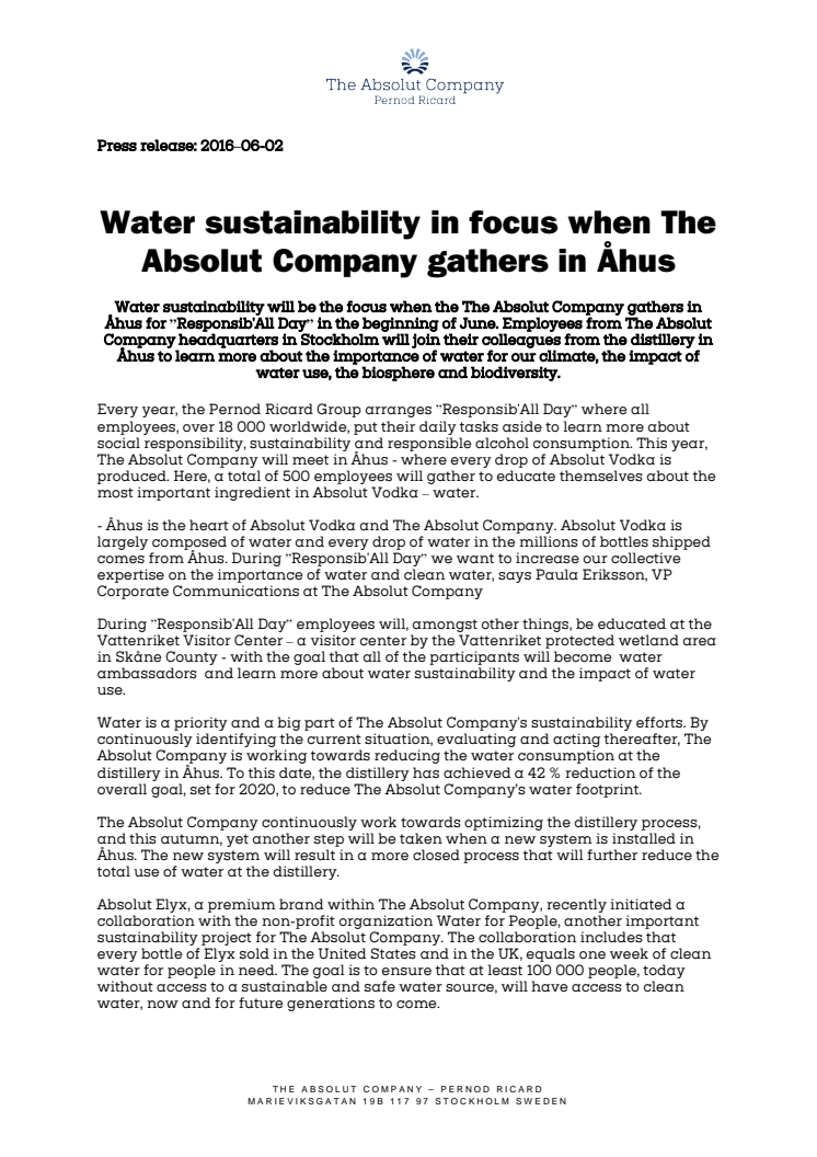 Water sustainability in focus when The Absolut Company gathers in Åhus