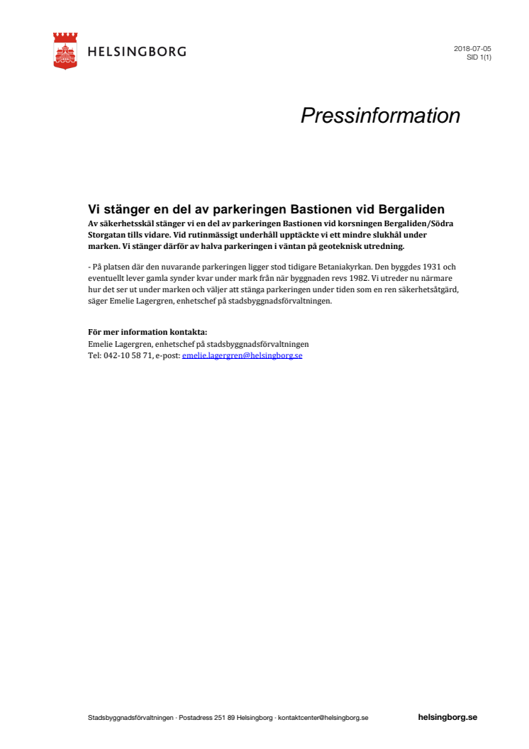 ​Vi stänger en del av parkeringen Bastionen vid Bergaliden 