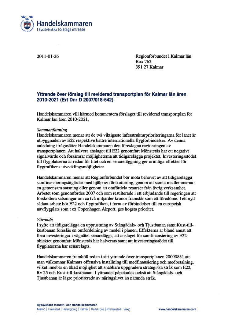 Yttrande över förslag till reviderad transportplan för Kalmar län åren 2010-2021