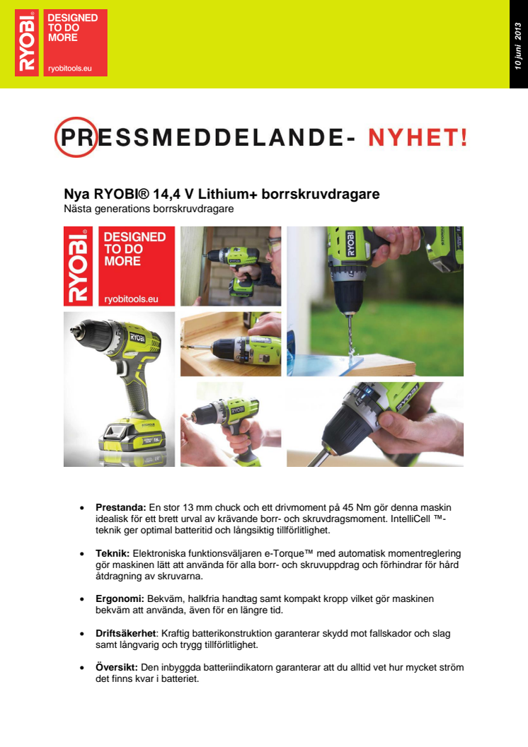 Ny RYOBI® 14,4 V Lithium+ borrskruvdragare